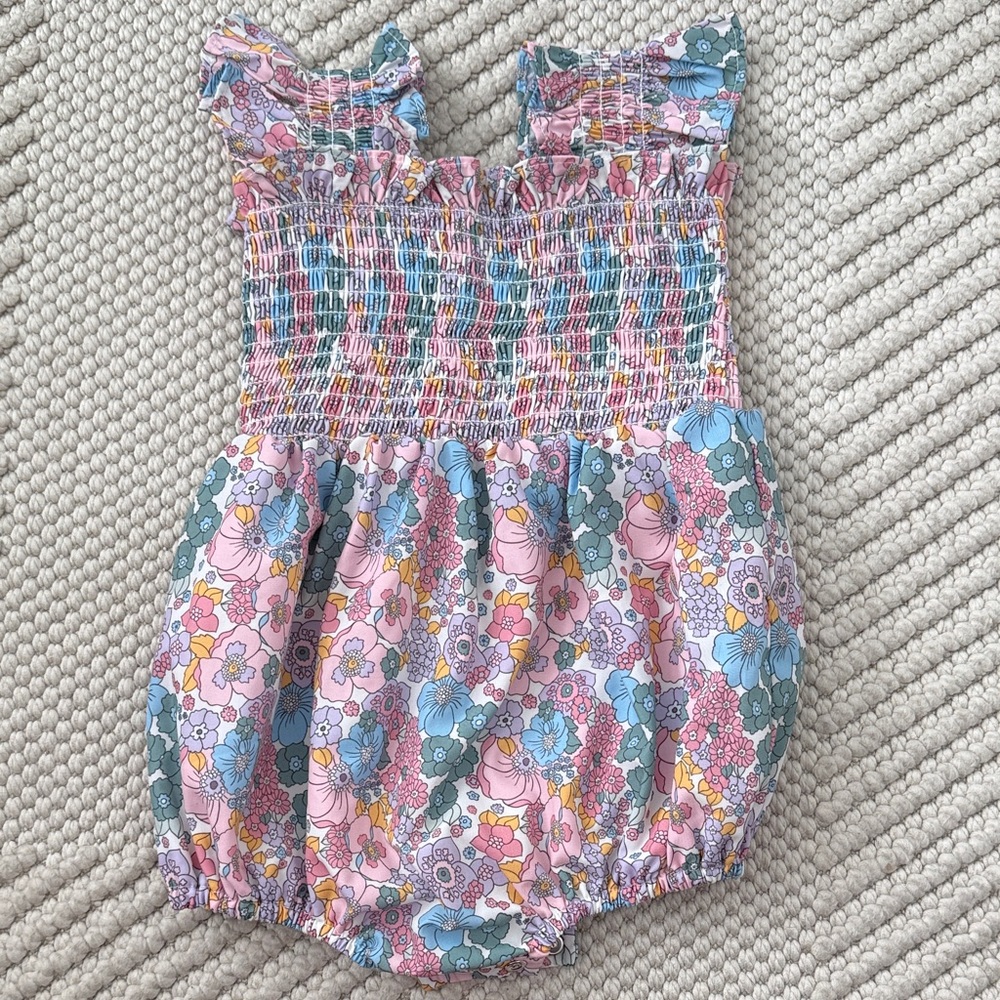 Dede Raad x Poppy Kids Co Floral Smocked Bubble Romper Ruffle Straps 12 Months